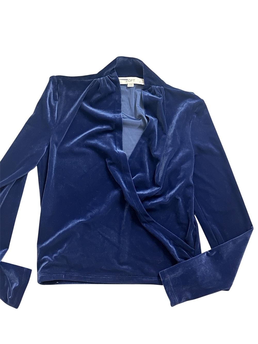 Quiet Luxury Navy Blue Velour Velvet Wrap Top LOFT Petite MP